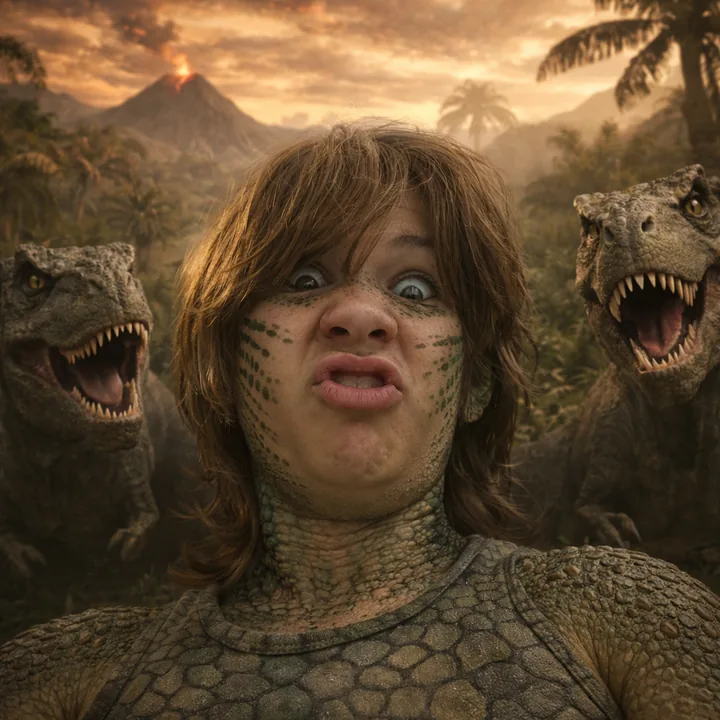 A party guest transformed into a t-rex